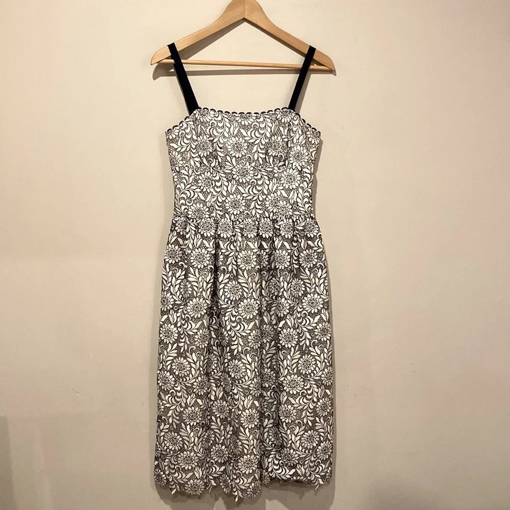Draper James Navy Blue White Floral Lace Spaghetti Strap Tea Length Dress - Picture 3 of 7